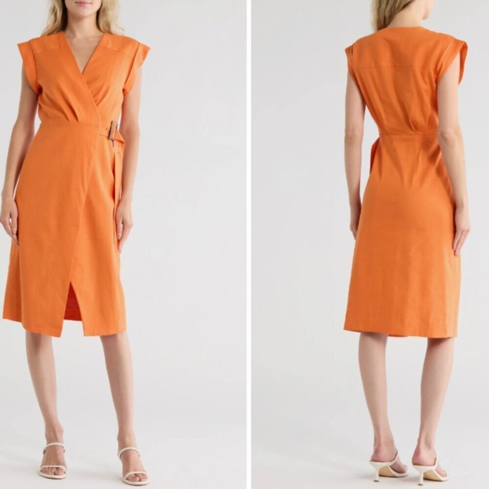 Veronica Beard Octavia Linen-Blend Wrap Midi-Dress – Orange – Size 6 – NWT